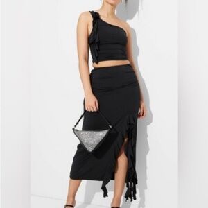 Wild Fable Black Ruffle Midi Skirt new ruched sides